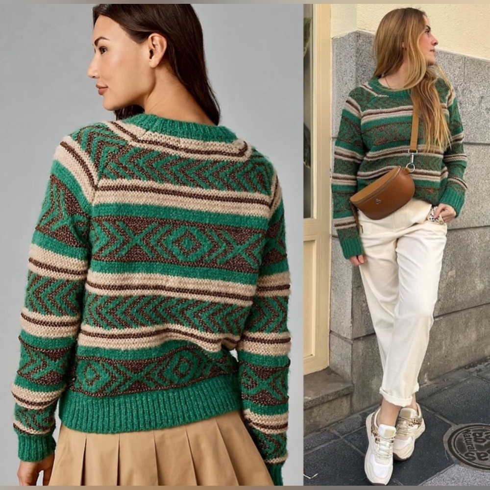 SCOTCH & SODA Green Wool Alpaca Blend Striped Metallic Fair Isle Crew Sweater S